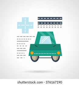 Document form of medical insurance for driver. Green car and abstract text. Insurance services. Vector icon flat color style. Web design element for site, mobile and business.