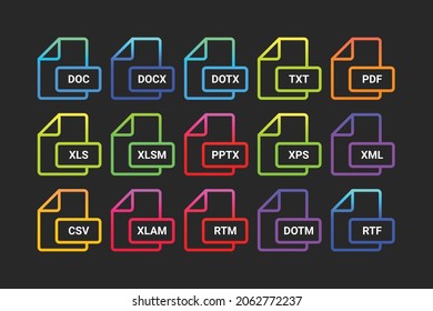 Document format icon set. Linear style sign for mobile concept and web design.