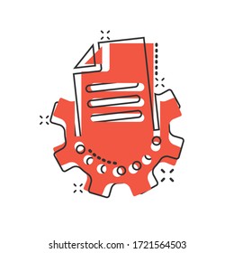 Document with gear icon in comic style. Big data processing cartoon vector illustration on white isolated background. Paper sheet software  splash effect solution business concept.
