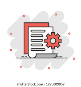 Document with gear icon in comic style. Big data processing cartoon vector illustration on white isolated background. Paper sheet software solution splash effect business concept.