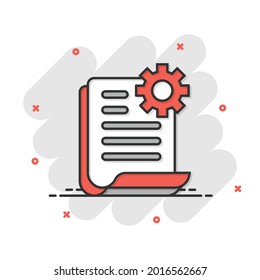 Document with gear icon in comic style. Big data processing cartoon vector illustration on white isolated background. Paper sheet software solution splash effect business concept.