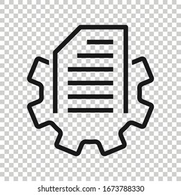 Document with gear icon in flat style. Big data processing vector illustration on white isolated background. Paper sheet software solution business concept.