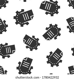 Document with gear icon in flat style. Big data processing vector illustration on white isolated background. Paper sheet software solution seamless pattern business concept.