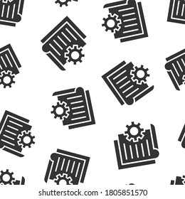 Document with gear icon in flat style. Big data processing vector illustration on white isolated background. Paper sheet software solution seamless pattern business concept.