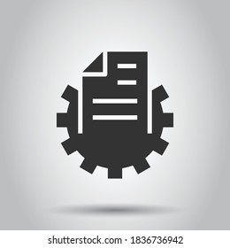 Dokument mit Zahnradsymbol im flachen Stil. Große Datenverarbeitung, Vektorgrafik auf weißem, isoliertem Hintergrund. Business-Konzept für die Softwarelösung von Papier.
