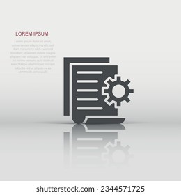 Document with gear icon in flat style. Big data processing vector illustration on white isolated background. Paper sheet software solution business concept.