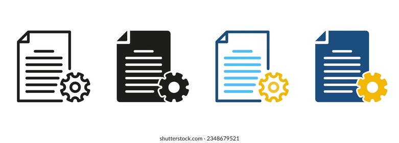 Documento con línea de engranaje y conjunto de iconos de silueta. Pictograma de administración de proyectos. Símbolo de configuración de contrato. Desarrollo de negocio, informe de trabajo, firma de acuerdo de archivo. Ilustración de vectores aislados.