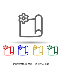Icono de estilo multicolor del engranaje del documento. Línea delgada simple, contorno vectorial de iconos web para ui y ux, sitio web o aplicación móvil