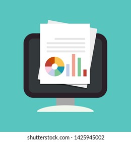 Document with graph, reports icon on computer. Data analysis vector illustration. Flat design style