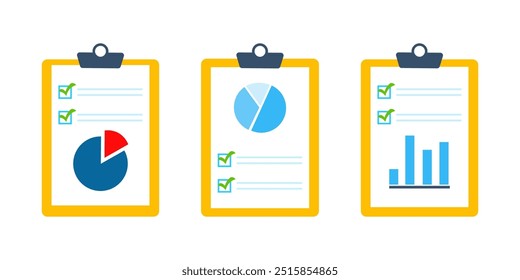 Document with green checkmarks. Checklist icon set with graph on white background