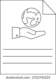 Document with a hand holding a globe lines for text and folded top corner