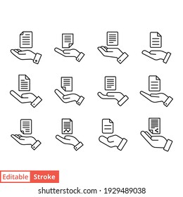 Document in hand line icon set. Outline style file symbol. Ownership, transfer, academy, business agreement concept. Vector illustration isolated on white background. Editable stroke EPS 10.