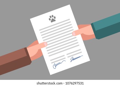 Document in hands. Signing of pet adoption or sale agreement
