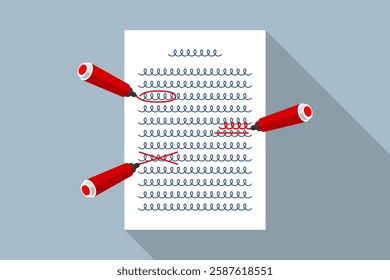 Document with handwritten text and red markings, and marker pens. Concept of grammar and spelling check, misspellings detection, proofreading, draft editing and preparation text for typing