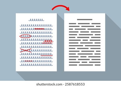 Document with handwritten text and red markings and document with typed text. Concept of grammar and spelling check, misspellings detection and editing, proofreading, draft and clean copy