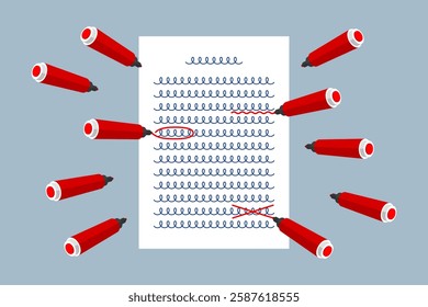 Document with handwritten text and red markings, and many marker pens around. Concept of grammar and spelling check, misspellings detection, proofreading and draft editing, preparation text for typing