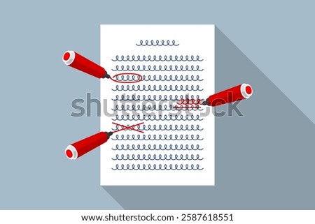 Document with handwritten text and red markings, and marker pens. Concept of grammar and spelling check, misspellings detection, proofreading, draft editing and preparation text for typing