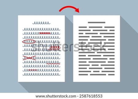 Document with handwritten text and red markings and document with typed text. Concept of grammar and spelling check, misspellings detection and editing, proofreading, draft and clean copy