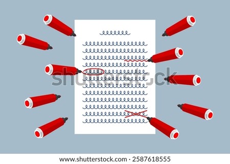 Document with handwritten text and red markings, and many marker pens around. Concept of grammar and spelling check, misspellings detection, proofreading and draft editing, preparation text for typing