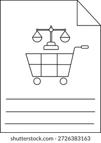 A document has a shopping cart beneath scales and blank lines for notes
