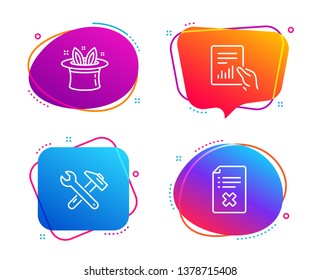 Document, Hat-trick and Spanner tool icons simple set. Reject file sign. File with diagram, Magic hat, Repair. Decline agreement. Business set. Speech bubble document icon. Colorful banners design set
