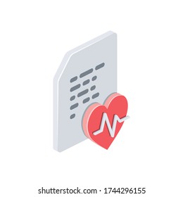 Document health heart pulse. Vector 3d isometric, color web icon, new flat style. Creative illustration design, isolated graphic idea for infographics.