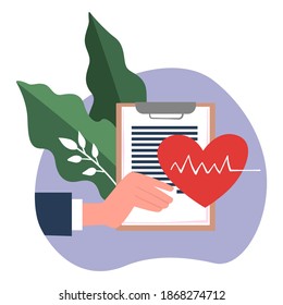 Document and heart with beats, isolated icon of health insurance agreement and foliage. Covering expenses on clinics and hospitals. Patient and financial help for treatment, vector in flat style