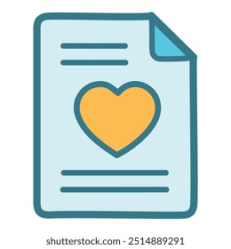 Document with heart icon. A simple blue and yellow icon representing a document with a heart symbol, ideal for representing love, care, or compassion.