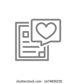 Document with heart line icon. Donation form, chat bubble, help, charity, feedback, symbol