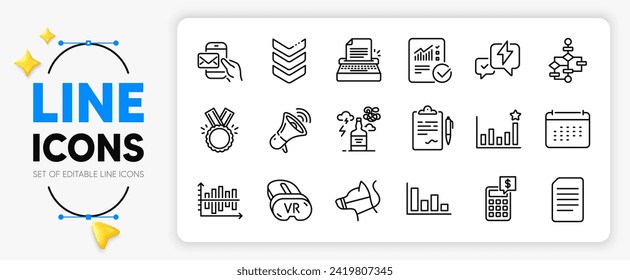 Document, Honor and Clipboard line icons set for app include Dog leash, Efficacy, Messenger mail outline thin icon. Vr, Calendar, Lightning bolt pictogram icon. Diagram chart. Vector