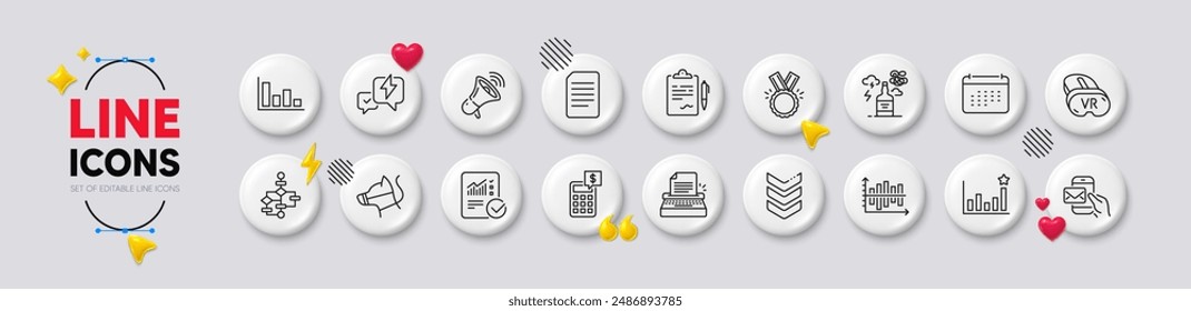 Document, Honor and Clipboard line icons. White buttons 3d icons. Pack of Dog leash, Efficacy, Messenger mail icon. Vr, Calendar, Lightning bolt pictogram. Vector