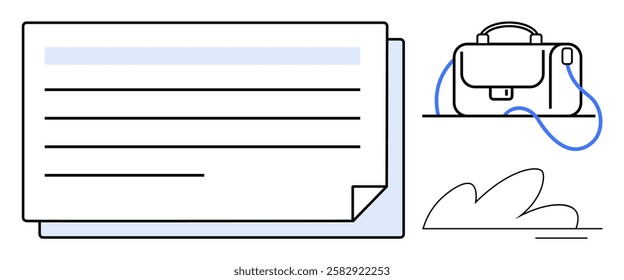 Document with horizontal lines, an adjacent briefcase with a strap, and an abstract plant element. Ideal for business, documentation, organization, office work, travel, planning, minimalism. Line