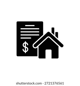 Icono de glifo de documento y casa que representa el contrato inmobiliario o la factura de propiedad