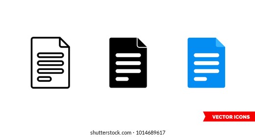 Document icon of 3 types: color, black and white, outline. Isolated vector sign symbol.