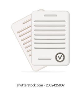Document icon 3d. Contract, agreement, or project form. Deal, treaty with stamp. Business article, list, document on paper. Text file, report, or draft. A sheet from a notebook with information.Vector