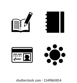 document icon. 4 document set with pass, interview, notebook and book vector icons for web and mobile app