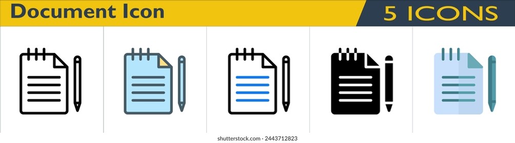 Document icon with 5 styles (outline, color lineal, color outline, solid and color)