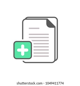 Document icon with add sign. Document icon and new, plus, positive symbol. Vector icon