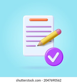 Document icon. Agreement, Checklist on a clipboard paper. Confirmed or approved document. Business icon. 3d vector illustration.