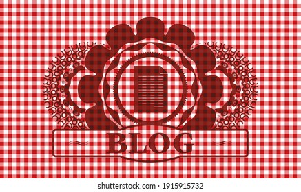 document icon and Blog text red checkered tablecloth realistic badge. Restaurant exquisite background. Illustration. 