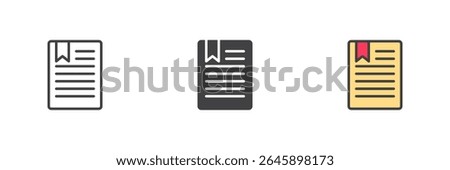 Document icon with a bookmark ribbon in line, solid and colorful filled outline styles. Vector icon set used for notes, reading or saved documents.
