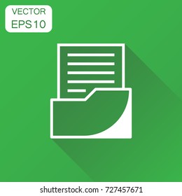 Document icon. Business concept archive data file symbol pictogram. Vector illustration on green background with long shadow.