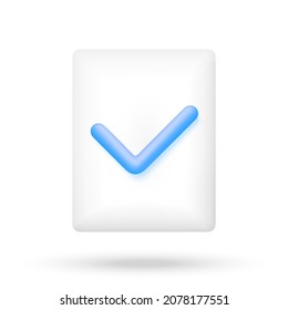 Document icon with check mark in 3d cartoon style. White paper sheet. Vector illustration.