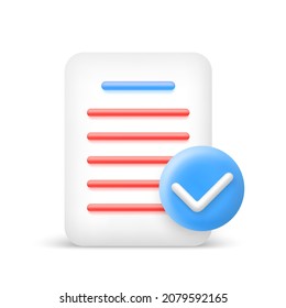 Document icon with check mark in 3d cartoon style. White paper sheet. Vector illustration.