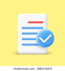 Document icon with check mark in 3d cartoon style. White paper sheet. Vector illustration.