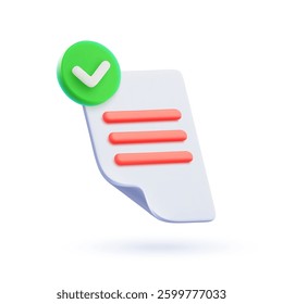 Document icon with check mark in 3d cartoon style. White paper sheet. Vector illustration. 