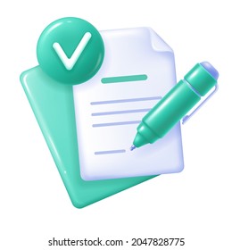 Document icon with check mark sign on the circle label. 3d minimalist style. Symbol for accepted and confirmed documents. Bright, glossy design isolated on white. Vector illustration.