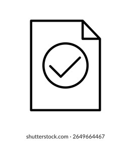 Icono de documento con símbolo de marca de verificación en contorno blanco y negro