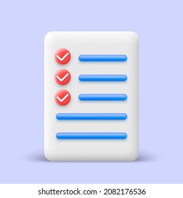 Document icon. Checklist in 3d cartoon style. White paper sheet with check marks. Vector illustration.