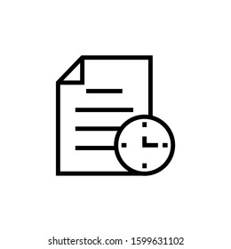 Document icon with clock sign icon in outline style on white background, Document icon and countdown, deadline, schedule, planning symbol, Vector icon